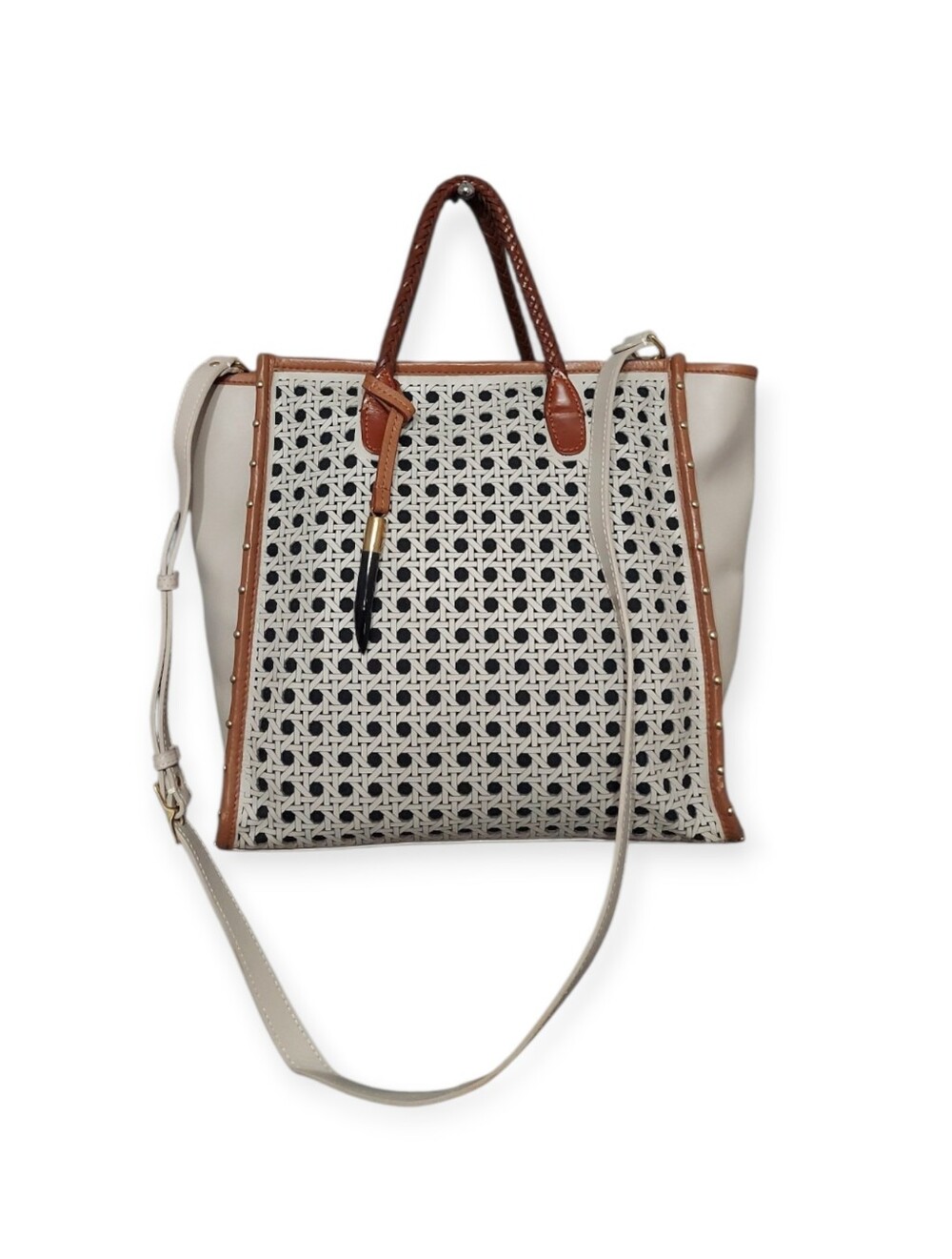 Woven Panel Tote Bag with Leather Trim - Cream & Brown